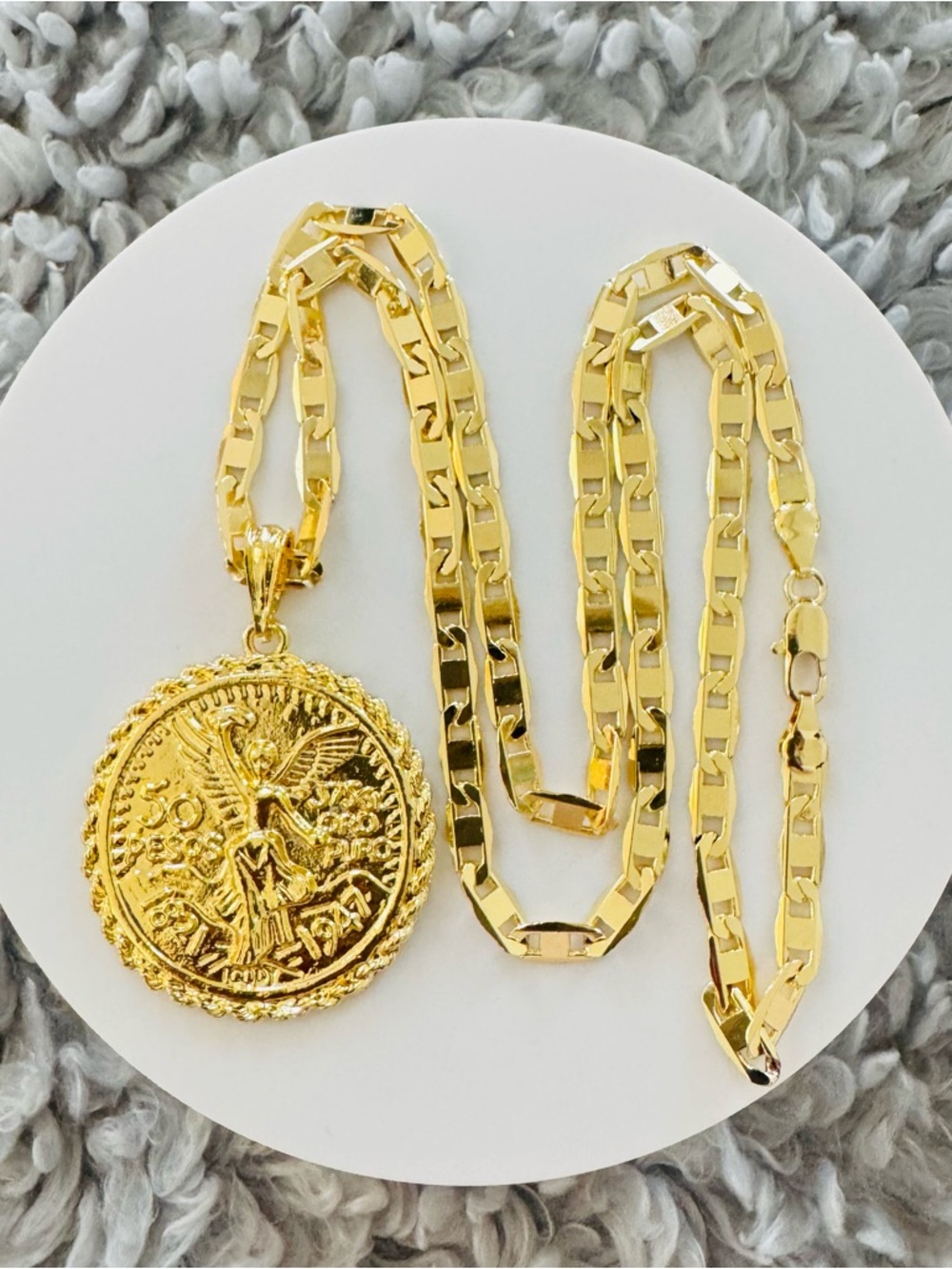 New 14K Gold Plated double sided 50 pesos Coin Pendant with Chain. New